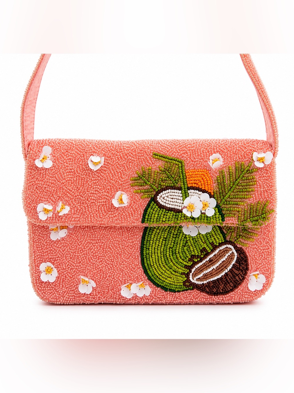 Coral Beaded Coconut Shoulder Bag
